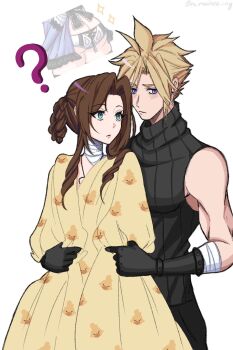1boy 1girl ? aerith_gainsborough aerith_gainsborough_(garb_of_the_possessed) animal_print arms_around_waist ass bandaged_arm bandaged_neck bandages bare_shoulders bird_print black_gloves black_pants black_shirt blonde_hair blue_eyes blue_negligee braid braided_hair_rings brown_hair chocobo cloud_strife commentary cosplay couple cowboy_shot earrings english_commentary final_fantasy final_fantasy_vii final_fantasy_vii:_ever_crisis gloves green_eyes hair_rings hetero highres hu_manbee_ing jewelry kaine_(nier) kaine_(nier)_(cosplay) light_blush lingerie long_hair negligee official_alternate_costume panties pants parted_bangs print_robe robe shirt short_hair sidelocks single_earring sleeveless sleeveless_turtleneck sparkle spiked_hair turtleneck twitter_username underwear white_background white_panties yellow_robe