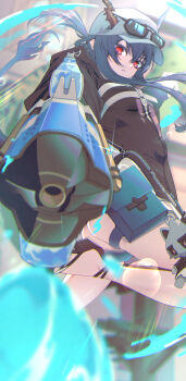 1girl arknights ass baseball_cap black_hair black_jacket ch&#039;en_(arknights) ch&#039;en_the_holungday_(arknights) closed_mouth day film_grain gun hat highres holding holding_gun holding_weapon horns jacket kimo_suna long_hair looking_at_viewer official_alternate_costume outdoors red_eyes solo star_(symbol) weapon white_hat