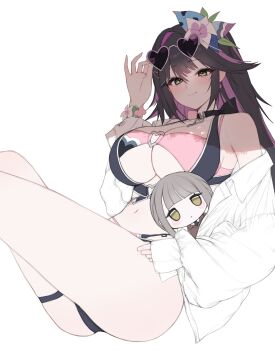 1girl abigail_(black_survival) abigail_(tropical_dimension)_(black_survival) absurdres adjusting_eyewear bare_shoulders bikini black_bikini black_choker black_hair black_survival breasts character_doll choker closed_mouth commentary doll dr._nadja eternal_return:_black_survival eyewear_on_head flower gadeung_hye green_eyes hair_flower hair_ornament hand_on_eyewear hand_up heart heart-shaped_eyewear heart_o-ring highres large_breasts layered_bikini long_hair looking_at_viewer multicolored_hair navel o-ring o-ring_bikini off_shoulder official_alternate_costume pink_bikini pink_hair ponytail reclining shirt simple_background smile solo stomach streaked_hair string_bikini sunglasses swimsuit thigh_strap thighs two-tone_hair underboob white_background white_shirt