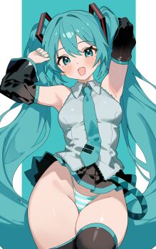 1girl absurdres aqua_eyes aqua_hair aqua_necktie aqua_panties armpits black_skirt black_sleeves blush coco_irasuto collared_shirt commentary_request detached_sleeves grey_shirt hair_between_eyes hair_ornament hatsune_miku highres long_hair long_sleeves looking_at_viewer miniskirt necktie open_mouth panties pleated_skirt presenting_armpit shirt skirt sleeveless sleeveless_shirt smile solo striped_clothes striped_panties twintails underwear very_long_hair vocaloid