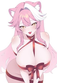 1girl animal_ears areola_slip bare_shoulders bdsm blush bondage bound breasts commentary covered_erect_nipples covering_privates english_commentary hair_between_eyes highres hololive hololive_english large_breasts mintikmeow open_mouth pantyhose pink_hair raora_panthera red_ribbon ribbon virtual_youtuber wide_hips yellow_eyes