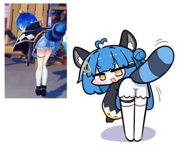 Rule 34 | 1girl, ahoge, animal ears, black capelet, black gloves, blue dress, blue hair, capelet, dress, gloves, hair ornament, hairclip, photo-referenced, poko rakun, poko rakun (1st costume), raccoon ears, raccoon girl, raccoon tail, screenshot inset, tail, tensutensu, thigh strap, thighhighs, virtual youtuber, white background, yellow eyes