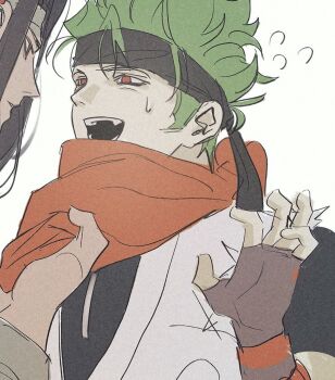 Rule 34 | 2boys, arm up, black gloves, black hair, black headband, brothers, clothes grab, commentary request, fingerless gloves, flying sweatdrops, genji (overwatch), gloves, green hair, hanzo (overwatch), headband, hnogpp, male focus, multiple boys, neckwear grab, nervous sweating, official alternate costume, open mouth, overwatch, red eyes, scarf, scarf grab, short hair, siblings, sideburns, sweat, unfinished, white background, young genji, young hanzo