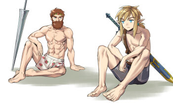 Rule 34 | 2boys, abs, arm support, bare legs, barefoot, beard, blonde hair, blue eyes, boxers, brown hair, circlet, collarbone, commentary request, crossover, earrings, elbow rest, facial hair, food print, fruit print, full body, jewelry, knee up, knees up, lance, link, long hair, looking at another, makaimura, male focus, male underwear, master sword, monbetsu kuniharu, multiple boys, muscular, muscular male, nintendo, pectorals, planted, planted polearm, pointy ears, polearm, ponytail, print male underwear, scabbard, sheath, sheathed, short hair, short ponytail, sir arthur (makaimura), sitting, spear, stomach, strawberry print, sword, sword on back, the legend of zelda, the legend of zelda: breath of the wild, toes, toned, toned male, topless male, trait connection, underwear, underwear only, weapon, weapon on back