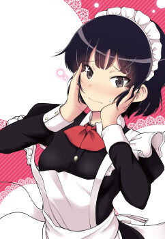 Rule 34 | 1girl, absurdres, apron, black dress, black eyes, black hair, blush, closed mouth, commentary request, dress, hands on own cheeks, hands on own face, highres, juliet sleeves, kujou meika, long sleeves, looking at viewer, maid, maid apron, maid day, maid headdress, meika-san wa oshikorosenai, pink background, puffy sleeves, saitou shouki, second-party source, short hair, solo, strap slip, upper body, white apron