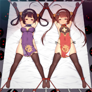 0_0 2girls ahoge armpits arms_up artist_name asymmetrical_legwear azur_lane bare_shoulders bdsm black_gloves black_hair black_legwear black_panties blush bondage bound bound_ankles bound_wrists breasts breasts_apart brown_hair china_dress chinese_clothes cleavage_cutout clothing_cutout collar covered_navel dark dragon_print dress elbow_gloves female_focus from_above full_body gloves glowing glowing_eyes hair_ornament hair_rings hairband holding_hands huoji_(wonderturkey) interlocked_fingers light_blush long_hair lying manjuu_(azur_lane) medium_breasts mismatched_legwear multiple_girls ning_hai_(azur_lane) o-ring o-ring_bottom o-ring_panties on_back on_bed open_mouth outstretched_arms panties pelvic_curtain ping_hai_(azur_lane) purple_dress red_dress red_eyes rope see-through_clothes side-tie_panties side_slit sidelocks signature skindentation sleeveless sleeveless_dress small_breasts spread_eagle_position spread_legs string_panties symmetry thighhighs twintails underwear waking_up white_background white_hairband white_panties