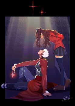 1boy 1girl absurdres archer_(fate) artist_name black_bow black_skirt black_thighhighs blue_eyes bow brown_hair brown_shoes coat commentary dark-skinned_male dark_skin fate/stay_night fate_(series) from_side hair_bow hal_(haaaalhal) highres holding holding_jewelry holding_necklace jewelry knee_up loafers long_hair long_sleeves looking_at_another looking_down necklace pleated_skirt red_coat red_shirt rin's_pendant_(fate) shirt shoes short_hair sitting skirt thighhighs tohsaka_rin two_side_up unworn_jewelry unworn_necklace white_hair