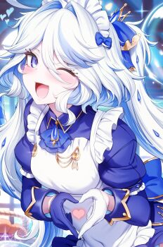 1girl :d alternate_costume apron asymmetrical_footwear blue_dress blue_eyes blue_gloves blue_hair blush breasts dress eyelash_ornament furina_(genshin_impact) genshin_impact gloves heart heart_hands highres long_hair looking_at_viewer m-da_s-tarou medium_breasts mismatched_footwear one_eye_closed open_mouth smile solo upper_body white_apron white_gloves white_hair