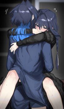 2girls absurdres black_dress blue_eyes blue_hair blue_jacket blue_pants blush braid commentary dated_commentary doppelganger dress dual_persona english_commentary fanged_bangs hair_intakes highres hololive hololive_english hug hunk_404 jacket juliet_sleeves long_hair long_sleeves low_twin_braids multicolored_hair multiple_girls official_alternate_costume official_alternate_hairstyle ouro_kronii ouro_kronii_(4th_costume) ouro_kronii_(maid) pants puffy_sleeves selfcest twin_braids two-tone_hair virtual_youtuber wolf_cut yuri