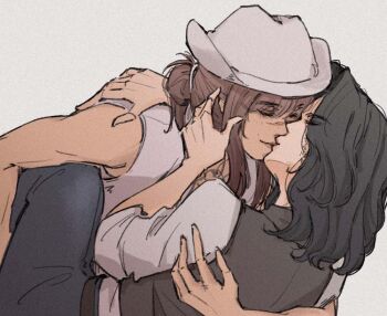 2girls black_hair black_pants black_vest brown_hair bushidaimo clair_obscur:_expedition_33 closed_eyes commentary earrings film_grain grey_background hand_on_another's_shoulder hashtag-only_commentary jewelry kiss lune_(clair_obscur:_expedition_33) multiple_girls pants scar scar_on_face scar_on_nose sciel_(clair_obscur:_expedition_33) shirt simple_background sleeveless sleeveless_shirt vest white_shirt yuri