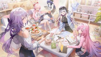 5girls =_= absurdres alternate_costume bare_shoulders black_hat black_shirt black_skirt blue_hair blue_skirt book book_stack breasts cake castorice_(honkai:_star_rail) colored_inner_hair commentary_request couch crop_top cup cyrene_(demiurge)_(honkai:_star_rail) cyrene_(honkai:_star_rail) doomie1 dress evanescia_(honkai:_star_rail) food glasses gradient_hair hair_intakes hair_ornament hat highres holding holding_tray honkai:_star_rail honkai_(series) hood hood_down hoodie indoors jacket large_breasts long_hair long_sleeves looking_at_viewer macaron manga_(object) manuscript_paper medium_breasts multicolored_hair multiple_girls nihilux_(honkai:_star_rail) notebook on_couch open_mouth pela_(honkai:_star_rail) pencil_case pink_hair pink_hoodie pink_jacket pointy_ears purple_eyes purple_hair reading revision second-party_source shirt sidelocks sitting skirt smile strawberry_shortcake tablet_pc tray white_dress white_hair white_jacket white_shirt