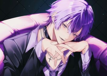 1boy black_jacket chain chain_necklace cross cross_necklace hair_between_eyes head_rest highres interlocked_fingers jacket jewelry long_sleeves lower_teeth_only male_focus meteorites_(stpr) mole mole_under_eye necklace open_mouth own_hands_together purple_eyes purple_hair purple_shirt shion_(meteorites) shirt short_hair smile solo teeth upper_body ymayma_da