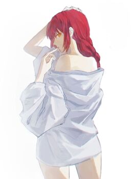 1girl chainsaw_man eif7 hand_on_own_head highres long_hair looking_at_viewer makima_(chainsaw_man) orange_eyes red_hair ringed_eyes shirt simple_background solo white_background white_shirt