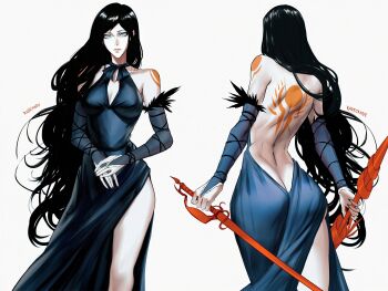 1girl absurdres ass back_tattoo backless_dress backless_outfit bare_back black_hair blue_eyes bridal_gauntlets butt_crack castlevania:_order_of_ecclesia castlevania_(series) dress front_and_back goth_fashion halter_dress halterneck highres konami long_hair looking_at_viewer ragecndy shanoa_(castlevania) shoulder_tattoo sword tattoo weapon