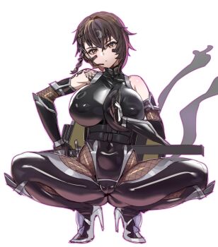 1girl arm_guards asymmetrical_hair belt black_belt black_bodysuit bodystocking bodysuit bow_(bhp) braid breasts brown_eyes brown_hair cameltoe closed_mouth clothing_cutout covered_erect_nipples covered_navel delta_(nikke) delta_(ninja_thief)_(nikke) earpiece expressionless facepaint fishnet_bodystocking fishnet_gloves fishnets full_body gloves gluteal_fold goddess_of_victory:_nikke hand_on_hilt high_heels highres hip_vent kuji-in large_breasts looking_at_viewer ninja ninjatou official_alternate_costume sheath sheathed shin_guards shoes short_hair short_sword shoulder_tattoo side_braid simple_background single_braid skin_tight sleeveless sleeveless_bodysuit solo squatting sword tattoo weapon white_background white_shoes