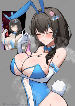 1girl absurdres animal_ear_hairband animal_ears arm_under_breasts black_hair blue_leotard blush braid breasts closed_eyes commentary_request condom da_kuronikorasu elbow_gloves fake_animal_ears fake_tail gloves goddess_of_victory:_nikke hairband highres holding holding_condom huge_breasts leotard mary_(medical_rabbit)_(nikke) mary_(nikke) mole mole_under_mouth name_tag_hair_ornament official_alternate_costume playboy_bunny rabbit_ear_hairband rabbit_ears rabbit_tail steaming_body sweat tail used_condom white_gloves