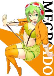 Rule 34 | 1girl, :d, ascot, breasts, cleavage, earphones, full body, goggles, goggles on head, green eyes, green hair, green shorts, gumi, highres, kakone, looking at viewer, navel, open mouth, orange background, orange thighhighs, orange vest, red goggles, short hair, shorts, smile, solo, thighhighs, two-tone background, vest, vocaloid, white ascot, white background