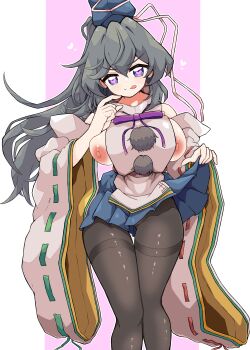 Rule 34 | 1girl, :q, absurdres, black pantyhose, blue dress, blue hat, blush, bow, bowtie, breasts, closed mouth, commentary request, dress, feet out of frame, gurajio, hat, heart, heart-shaped pupils, high ponytail, highres, japanese clothes, kariginu, large breasts, long hair, looking at viewer, mononobe no futo, nipples, pantyhose, pom pom (clothes), ponytail, purple bow, purple bowtie, ribbon-trimmed sleeves, ribbon trim, smile, solo, symbol-shaped pupils, tate eboshi, thighband pantyhose, tongue, tongue out, touhou, white background, white sleeves, wide sleeves