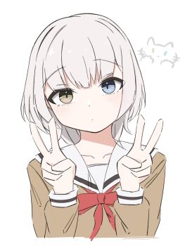 Rule 34 | 1girl, bang dream!, bang dream! it's mygo!!!!!, blue eyes, blush, brown shirt, closed mouth, commentary, hanasakigawa school uniform, heterochromia, highres, kaname raana, melty lubll, raana the cat, sailor collar, school uniform, serafuku, shirt, short hair, simple background, solo, upper body, white background, white hair, white sailor collar, yellow eyes