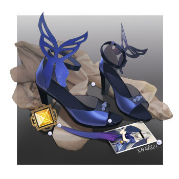 artist_name black_footwear blue_footwear blue_headwear border gem gloves gradient_background grey_background high_heels highres no_humans photo_(object) shoes simple_background still_life unworn_shoes white_border xnnagu