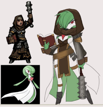 1girl between_breasts book boots breasts brown_cloak clenched_hand cloak club club_(weapon) colored_skin colorized commentary cosplay crossover curvy darkest_dungeon english_commentary fansferb358 female_focus full_body gardevoir gen_3_pokemon green_hair green_skin hair_over_one_eye holding holding_book holding_club holding_weapon hood hood_up hooded_cloak large_breasts legs_apart long_sleeves multicolored_skin nintendo pelvic_curtain personification pokemon pokemon_(creature) red_eyes serious simple_background sleeve_cuffs spiked_club two-tone_skin vestal_(darkest_dungeon) vestal_(darkest_dungeon)_(cosplay) weapon white_skin yuio58ok