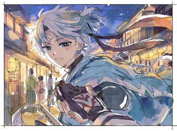 Rule 34 | aqua haori, architecture, arm guards, blue eyes, east asian architecture, fate/grand order, fate (series), fujimaru ritsuka (female), fujimaru ritsuka (female) (decisive battle chaldea uniform), haori, high ponytail, highres, holding hands, japanese clothes, katana, kimono, lantern, looking at viewer, night, paper lantern, ponytail, pov, scar, scar on face, scar on forehead, sheath, sheathed, shirt, short ponytail, sky, smile, solo focus, sword, toramaru (696anna), toudou heisuke (fate), toudou heisuke (third ascension) (fate), turtleneck, turtleneck shirt, weapon, white hair