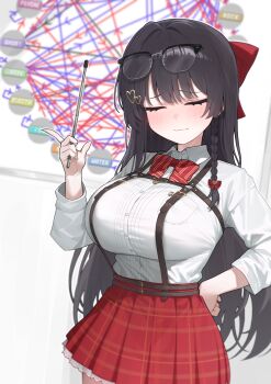 1girl :3 absurdres belt black-framed_eyewear black_hair blush bow bowtie braid breast_pocket breasts brown_belt buttons chart chest_belt chest_harness closed_eyes closed_mouth collared_shirt commentary_request eyewear_on_head facing_viewer hair_bow hair_ornament hand_on_own_hip hand_up harness heart heart_hair_ornament high-waist_skirt highres holding holding_stick korean_commentary large_breasts long_hair long_sleeves nintendo plaid_clothes plaid_skirt pocket pokemon red_bow red_bowtie red_skirt sangobob shirayuki_hina shirt shirt_tucked_in simple_background single_braid skirt solo standing stellive stick striped_bow thighs three-quarter_sleeves very_long_hair virtual_youtuber white_background white_shirt