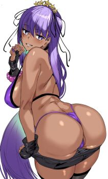 1girl ashiomi_masato ass bare_shoulders bb_(fate) bb_(swimsuit_mooncancer)_(second_ascension)_(fate) bead_bracelet beads bikini black_gloves black_shorts black_thighhighs blush bracelet breasts commentary_request dark-skinned_female dark_skin fate/grand_order fate_(series) fingerless_gloves gloves grin hair_ornament hair_ribbon hairband highres jewelry large_breasts long_hair looking_at_viewer looking_back micro_shorts purple_bikini purple_eyes purple_hair ribbon shorts smile solo star_(symbol) star_hair_ornament swimsuit tan thighhighs thighs very_long_hair