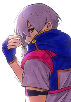 1boy blue_gloves bom-r eyelashes fingerless_gloves from_side gloves hashtag-only_commentary highres jacket jodio_joestar jojo_no_kimyou_na_bouken looking_at_viewer male_focus signature simple_background solo the_jojolands upper_body white_background