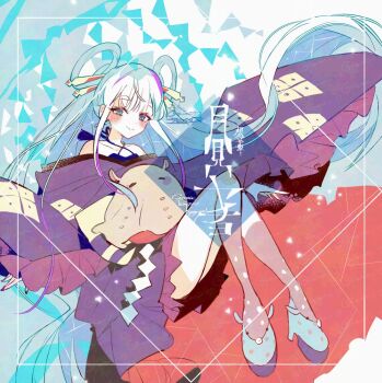 Rule 34 | 1girl, absurdly long hair, adversarial noise, bare legs, blue eyes, blue shoes, blush, character name, cho kaguya-hime!, commentary, copyright name, criss-cross halter, fingernails, floating hair, frilled sleeves, frills, full body, grey background, hair floating upwards, hair ornament, hair rings, hair stick, halterneck, high heels, japanese clothes, kanzashi, kimono, knees up, light particles, long hair, long sidelocks, looking at viewer, nail polish, off shoulder, official artist extra, platform heels, purple kimono, purple nails, runami yachiyo, shide, shoes, side up ring, sidelocks, sleeves past wrists, smile, solo, split mouth, tassel, thick eyebrows, too many watermarks, two-sided fabric, umbrella octopus, very long hair, watermark, white hair, wide sleeves, yoneda taro