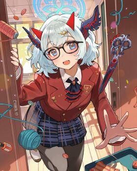 Rule 34 | 1girl, ascot, asymmetrical horns, black pantyhose, blazer, blue ascot, blue eyes, blue halo, blue skirt, brown jacket, buttons, commentary request, dragon girl, dragon horns, dragon musume ni naritakunai!, duel masters, glasses, grey hair, hair ornament, halo, highres, horns, indoors, jacket, kumada fujiko, light particles, looking at viewer, medium hair, multiple horns, official art, open mouth, pantyhose, plaid clothes, plaid skirt, saitou naoki, school uniform, scissors, shirt, shoes, skirt, solo, white shirt, white shoes, yarn, yarn ball