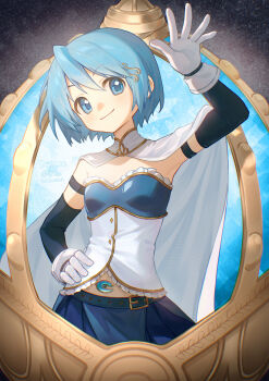 1girl absurdres aqua_belt arm_up armpits belt belt_buckle black_gloves blue_eyes blue_hair blue_skirt breasts buckle cape chinese_commentary closed_mouth commentary_request cowboy_shot elbow_gloves fortissimo frilled_shirt frills gloves gold_trim hair_ornament hand_on_own_hip highres kurokami_nekoya layered_gloves magical_girl mahou_shoujo_madoka_magica mahou_shoujo_madoka_magica_(anime) miki_sayaka miki_sayaka_(magical_girl) musical_note musical_note_hair_ornament shirt short_hair skirt small_breasts smile soul_gem strapless strapless_shirt white_cape white_gloves white_shirt