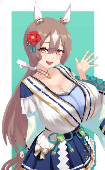 1girl absurdres alternate_breast_size_(larger) animal_ears aqua_background blush border breasts brown_eyes brown_hair cleavage commentary_request diamond_(shape) double-parted_bangs ear_covers frilled_kimono frills hand_up highres horse_ears horse_girl horse_tail huge_breasts japanese_clothes kimono long_hair looking_at_viewer low_ponytail marimo_maru multicolored_hair multicolored_kimono official_alternate_costume official_alternate_hairstyle open_mouth outside_border ponytail ribbon-trimmed_kimono ribbon_trim satono_diamond_(floral_star_prosperous_green)_(umamusume) satono_diamond_(umamusume) smile solo streaked_hair tail teeth umamusume upper_teeth_only white_border white_kimono wide_sleeves