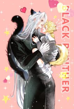 2boys age_difference alternate_costume alternate_universe animal_ears bandaid bandaid_on_hand bandaid_on_knee bandaid_on_leg barefoot black_fur black_robe blonde_hair blush carrying carrying_person cat_boy cat_ears cat_tail cloud_strife commentary_request english_text final_fantasy final_fantasy_vii gloves grey_hair grey_shirt grey_shorts hand_on_another's_back heart height_difference highres kemonomimi_mode lineart long_bangs long_hair long_sleeves looking_at_another low_ponytail male_focus monochrome multiple_boys no_shoes onii-shota parted_bangs pink_background ponytail priest robe sailor sailor_collar sephiroth shirt short_ponytail shorts simple_background smile socks sparkle star_(symbol) tail time_paradox twitter_username very_long_hair white_gloves white_sailor_collar white_socks yaoi yuexiao