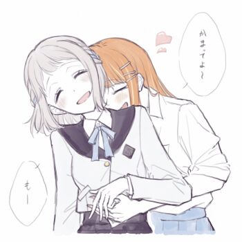 2girls aaru_(youmorigu) absurdres black_skirt blue_ribbon blue_skirt braid closed_eyes collared_shirt commentary_request gakuen_idolmaster hair_ribbon half_up_braid hand_on_another&#039;s_waist heart highres idolmaster katsuragi_lilja long_hair multiple_girls neck_ribbon open_mouth orange_hair ribbon ribbon_braid shirt shiun_sumika simple_background skirt smile speech_bubble translation_request upper_body white_background white_hair white_shirt yuri