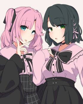 2girls :p alternate_costume amano_mitara anyoji_hime black_bow black_bowtie black_choker black_hair black_nails black_ribbon black_skirt blue_eyes blunt_sidelocks blush bow bowtie braid choker collared_shirt cowboy_shot frilled_shirt_collar frills green_eyes hair_intakes hair_ribbon high-waist_skirt highres jirai_kei link!_like!_love_live! long_sleeves looking_at_viewer love_live! medium_hair momose_ginko multiple_girls off_shoulder pink_ribbon pink_shirt pleated_skirt ribbon ribbon_braid shirt side_braid side_part sidelocks simple_background skirt tongue tongue_out twintails virtual_youtuber white_background