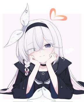 1girl black_choker black_hairband black_serafuku blue_archive bow braid choker cinamon_(cinamori) coat colored_inner_hair commentary grey_eyes hair_bow hairband halo hand_on_own_face heart heart_halo highres long_hair looking_at_viewer multicolored_hair neckerchief one_eye_covered plana_(blue_archive) school_uniform serafuku single_braid solo symbol-only_commentary white_hair white_neckerchief