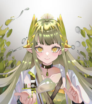 Rule 34 | 1girl, absurdres, arknights, black choker, brown hair, choker, closed mouth, coat, commentary request, elf, highres, hydrokinesis, infection monitor (arknights), lab coat, laurel crown, laurels, long hair, looking at viewer, mole, mole under eye, muelsyse (arknights), open clothes, open coat, pointy ears, solo, user kezw2727, very long hair, water, white coat, yellow eyes