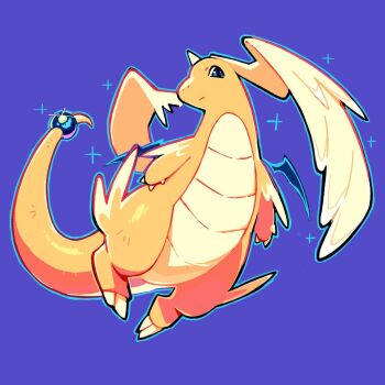 blue_eyes colored_skin dragonite feathered_wings gen_1_pokemon head_wings horns kaatokun mega_dragonite nintendo no_humans orange_skin pokemon pokemon_(creature) purple_background simple_background single_horn solo tail white_wings wings