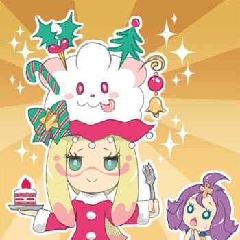 Rule 34 | 2girls, :o, acerola (pokemon), aqua eyes, blonde hair, cake, chestnut mouth, chibi, christmas, closed mouth, elite four, facepaint, food, fork, fruit, fur trim, gen 6 pokemon, hair ornament, hands on own face, holding, holding plate, long hair, long sleeves, lowres, macedonian flag, mina (pokemon), minogame, multiple girls, nintendo, open mouth, outline, paint, plate, pokemon, pokemon (creature), pokemon sm, pom pom (clothes), purple hair, santa costume, short hair, slurpuff, smile, sparkle, strawberry, sunburst, sweatdrop, topknot, trial captain