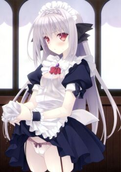 1girl :&lt; absurdres apron black_thighhighs bow bow_panties braid breasts covered_erect_nipples cowboy_shot crown_braid frilled_panties frills garter_straps grey_hair highres lifting_own_clothes lowleg lowleg_panties maid maid_apron maid_headdress nipples no_bra otome_riron_to_sono_shuuhen:_ecole_de_paris panties red_eyes sakurakouji_luna see-through_clothes small_breasts standing suzuhira_hiro thighhighs underwear white_panties wringing_clothes