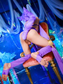 1boy absurdres anal_beads anal_tail animal_ears asian ass butt_plug cosplay erection espeon espeon_(cosplay) fake_animal_ears fake_tail gen_2_pokemon highres male_focus nintendo penis photo_(medium) pokemon purple_hair real_life sex_toy solo tail testicles trap uncensored velvetchann wig