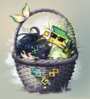 1boy ahoge ajaw_(genshin_impact) basket black_hair black_hairband commentary genshin_impact green_eyes hair_between_eyes hairband in_basket in_container kinich_(genshin_impact) looking_at_viewer male_focus milavana multicolored_eyes peeking_out signature solo symbol-only_commentary twitter_username wicker_basket yellow_eyes yumkasaurus_(genshin_impact)