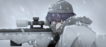 1girl black_eyes commentary cup earpiece english_commentary eyes_visible_through_hair from_side fur-trimmed_hood fur_trim gloves gun highres holding holding_cup hood hood_down hoodie korean_commentary long_hair mask mixed-language_commentary mouth_mask oddsnail original purple_hair rifle simple_background sniper sniper_rifle scope snowing solo weapon