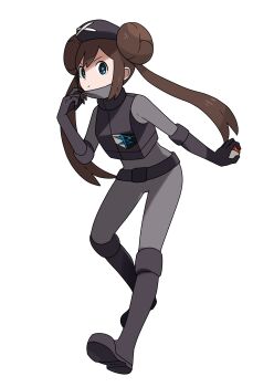 1girl absurdres alternate_costume black_boots black_gloves black_hat black_vest blue_eyes bodysuit boots brown_hair commentary_request donut_hair_bun double_bun full_body gloves grey_bodysuit hair_bun hat highres himurohiromu holding holding_poke_ball mask mouth_mask ninja_mask nintendo poke_ball pokemon pokemon_bw2 rosa_(pokemon) simple_background solo team_plasma_uniform twintails vest white_background