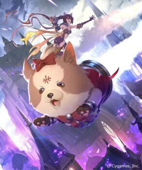 1girl 2others aiming aiming_at_viewer animal_ears animal_hands arm_up boots bow bowtie burning burning_building cerberus_(shingeki_no_bahamut) choker clothing_cutout cloud cloudy_sky coco_(cygames) company_name day dog_ears dog_girl fire floating gloves hand_puppet high_heel_boots high_heels highres long_hair looking_at_viewer mimi_(cygames) multiple_others nanbo_ataru_(attall) navel navel_cutout object_focus official_art open_mouth outdoors puppet red_boots red_bow red_eyes red_hair shadowverse sky smile smoke solo_focus spiked_choker spikes teeth thigh_boots twintails upper_teeth_only very_long_hair
