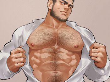 1boy abs arms_up bara bare_pectorals beard black_hair brown_eyes chest_hair closed_mouth collarbone collared_shirt commentary_request facial_hair facial_scar golden_kamuy hairy lips looking_to_the_side male_focus navel nipples nopinzo pectorals scar scar_on_cheek scar_on_face shirt simple_background tanigaki_genjirou thick_eyebrows twitter_username upper_body white_shirt