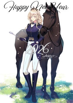 1girl alternate_costume artist_name blonde_hair boots brooch commentary_request genkai_ol-san_wa_akuyaku_reijou-sama_ni_tsukaetai gloves hair_ornament highres holding holding_riding_crop horse jewelry knee_boots lapis_tenebrae on_grass pants riding_boots riding_crop riding_outfit shinonome_neko-tarou signature simple_background tiara