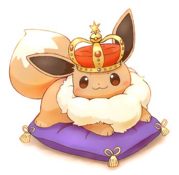 animal_focus blush brown_eyes brown_fur closed_mouth crown eevee full_body gen_1_pokemon mimix nintendo no_humans pillow pokemon pokemon_(creature) pokemon_focus simple_background smile solo tail