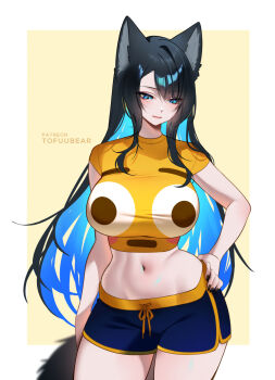 1girl animal_ears black_hair blue_eyes blue_hair blue_shorts blush breasts closed_mouth colored_inner_hair cowboy_shot crop_top cropped_shirt flushed_face_emoji_shirt_(meme) highres large_breasts long_hair looking_down meme mole mole_under_eye multicolored_hair navel original paid_reward_available patreon_username reiko_(tofuubear) shirt short_shorts short_sleeves shorts simple_background solo stretched_shirt tofuubear twitter_strip_game yellow_background yellow_shirt